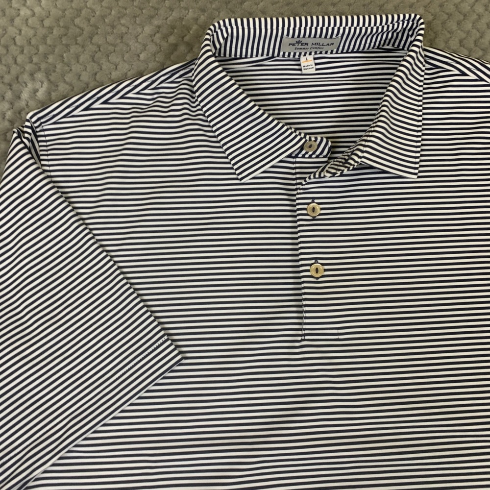 Peter Millar Summer Comfort Polo Mens L Navy Stripe SPDRs Logo ME0EK03S